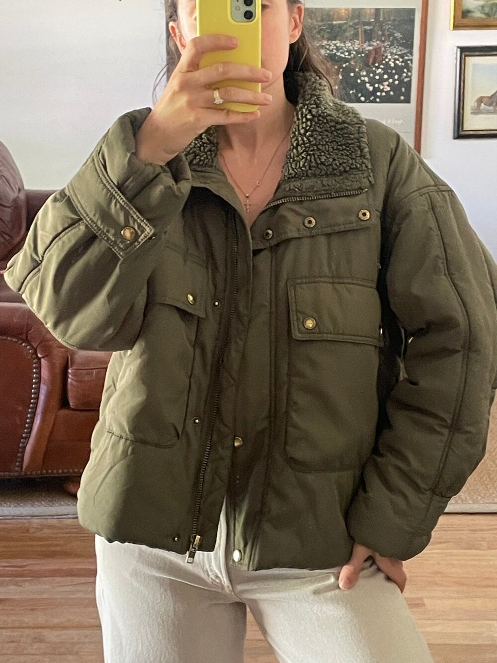 Pilcro Olive Green Cropped Puffer Jacket Sherpa Collar Size Small - Picture 1 of 8